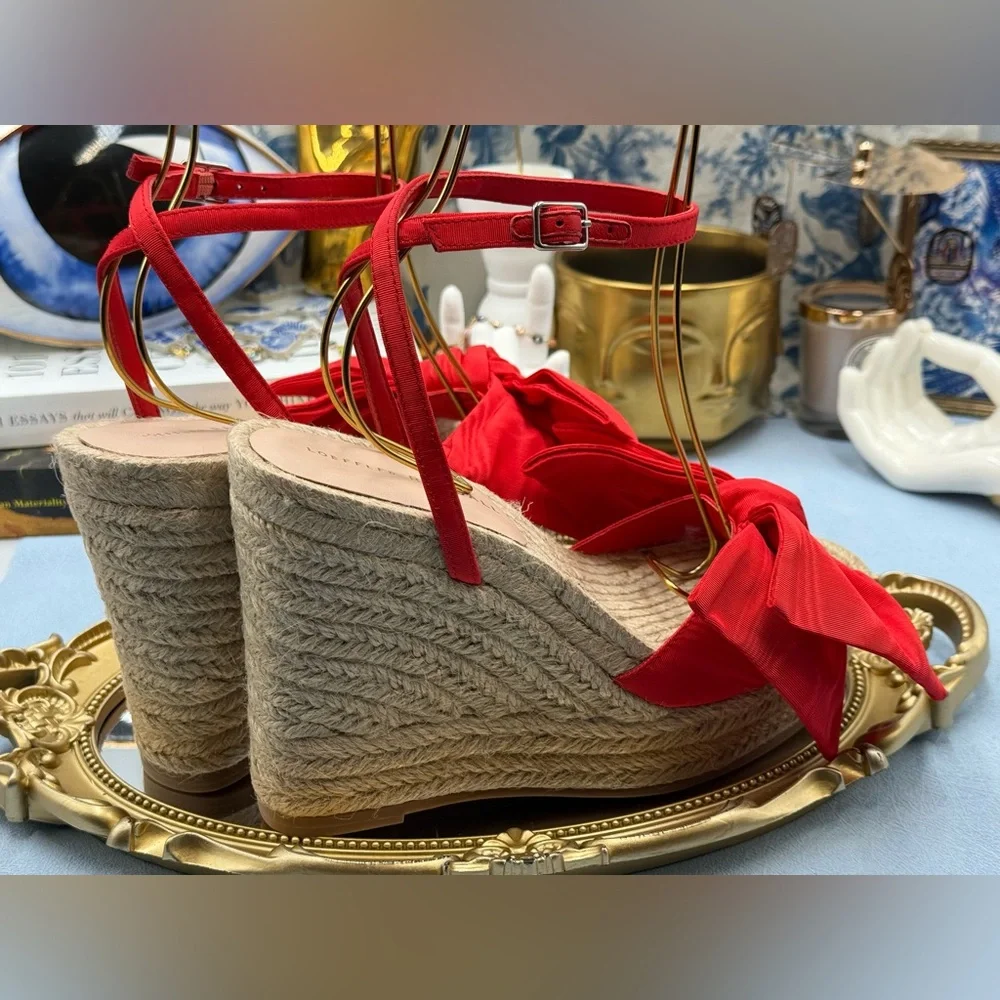 🆕 LOEFFLER RANDALL 🧿 NWOB Angelina Red Moiré Bow Wedge Espadrille, Sz 7